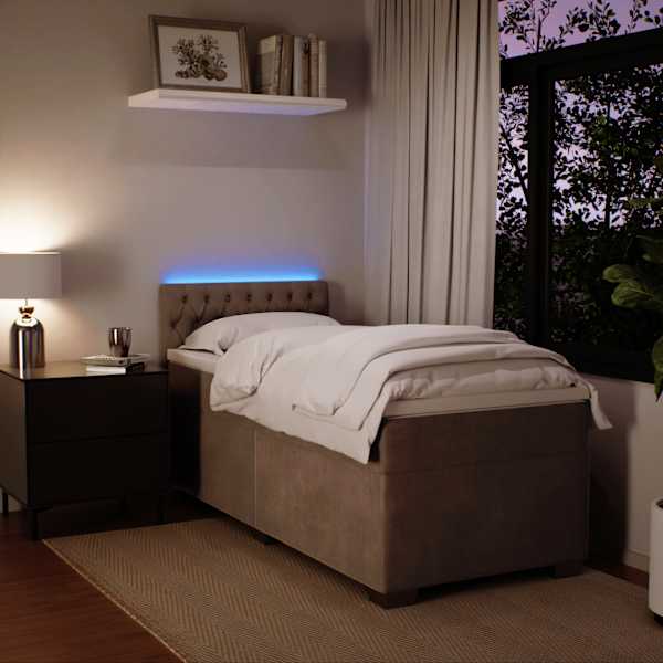 LED-valgustusega kontinentaalvoodi koos madratsiga, helehall, 90 × 190 cm, samet — mudel 3288492