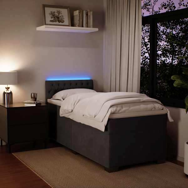 LED-valgustusega kontinentaalvoodi koos madratsiga, tumehall, 90 × 190 cm, samet — mudel 3288493