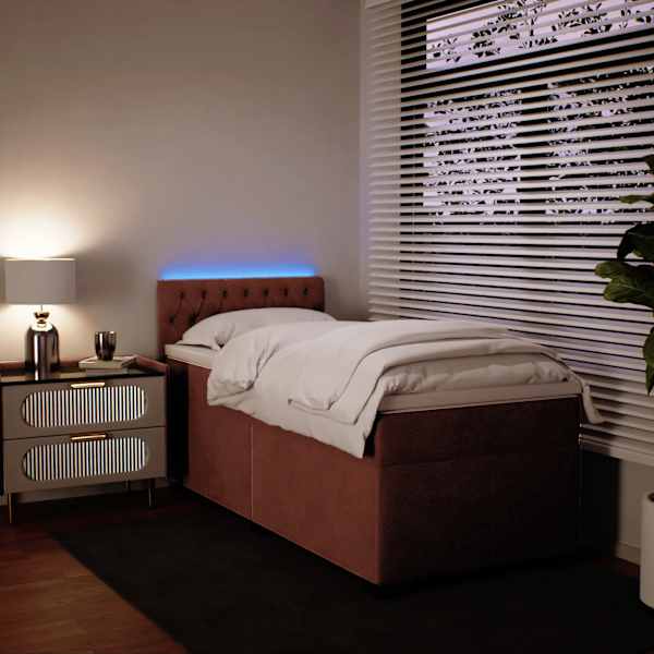 LED-valgustusega kontinentaalvoodi koos madratsiga, roosa, 90 × 190 cm, samet — mudel 3288497