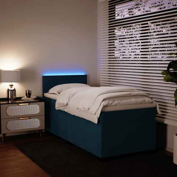 LED-valgustusega kontinentaalvoodi koos madratsiga, sinine, 90 × 190 cm, samet — mudel 3288502