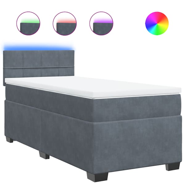 LED-valgustusega kontinentaalvoodi koos madratsiga, tumehall, 100 × 200 cm, samet — mudel 3288535