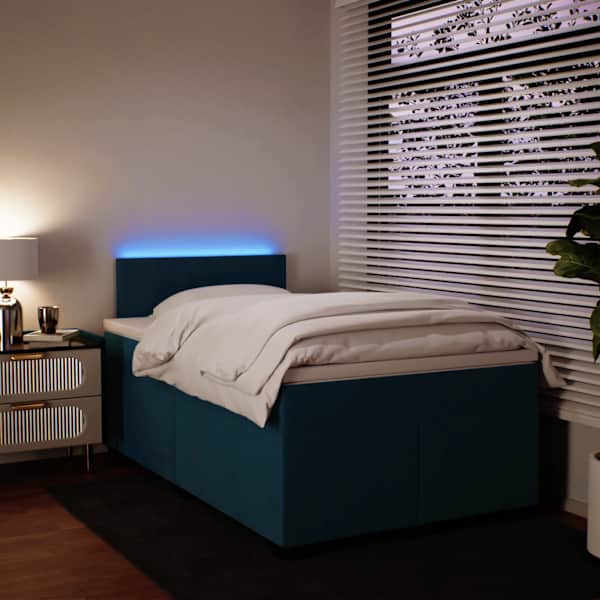 LED-valgustusega kontinentaalvoodi koos madratsiga, sinine, 120 × 190 cm, samet — mudel 3288556
