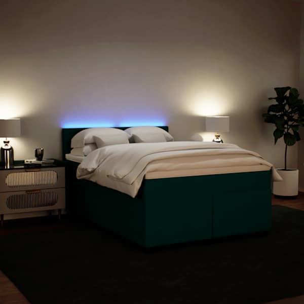 LED-valgustusega kontinentaalvoodi koos madratsiga, tumeroheline, 140 × 190 cm, samet — mudel 3288621