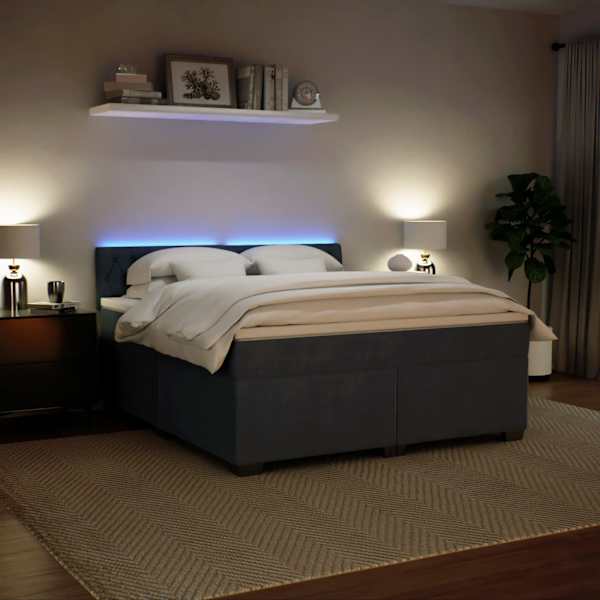 LED-valgustusega kontinentaalvoodi koos madratsiga, tumehall, 180 × 200 cm, samet — mudel 3288685