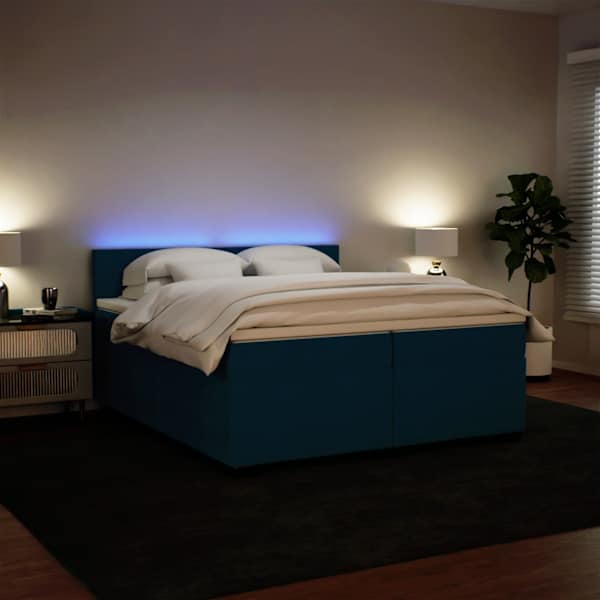 LED-valgustusega kontinentaalvoodi koos 2 madratsiga, sinine, 200 × 200 cm, samet — mudel 3288700