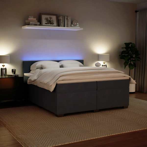 LED-valgustusega kontinentaalvoodi koos 2 madratsiga, tumehall, 200 × 200 cm, samet — mudel 3288703