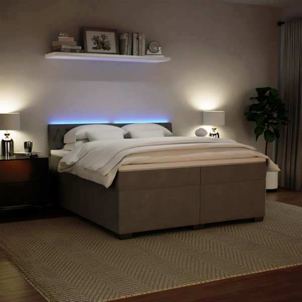 LED-valgustusega kontinentaalvoodi koos 2 madratsiga, helehall, 200 × 200 cm, samet — mudel 3288708