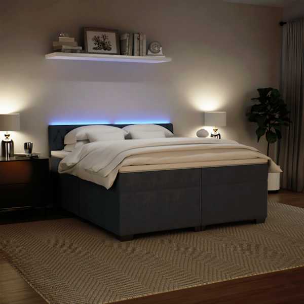 LED-valgustusega kontinentaalvoodi koos 2 madratsiga, tumehall, 200 × 200 cm, samet — mudel 3288709