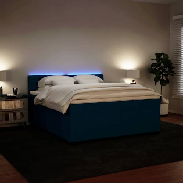 LED-valgustusega kontinentaalvoodi koos 2 madratsiga, sinine, 200 × 200 cm, samet — mudel 3288712