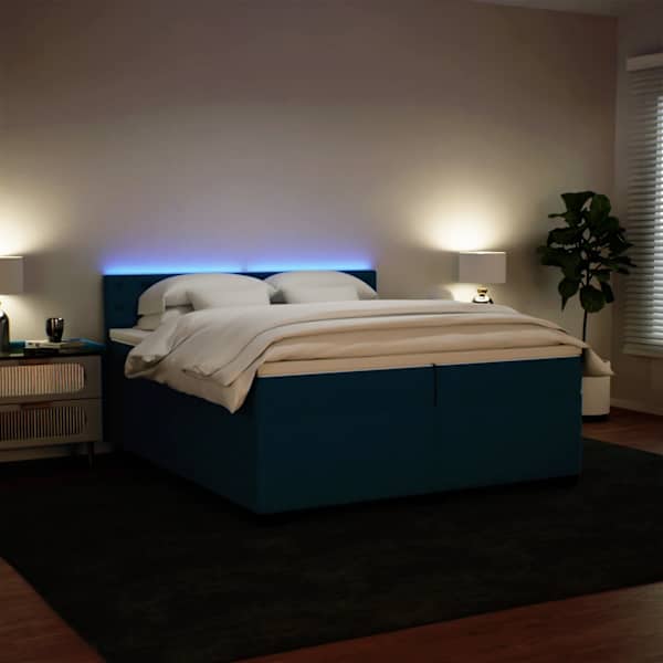 LED-valgustusega kontinentaalvoodi koos 2 madratsiga, sinine, 200 × 200 cm, samet — mudel 3288718