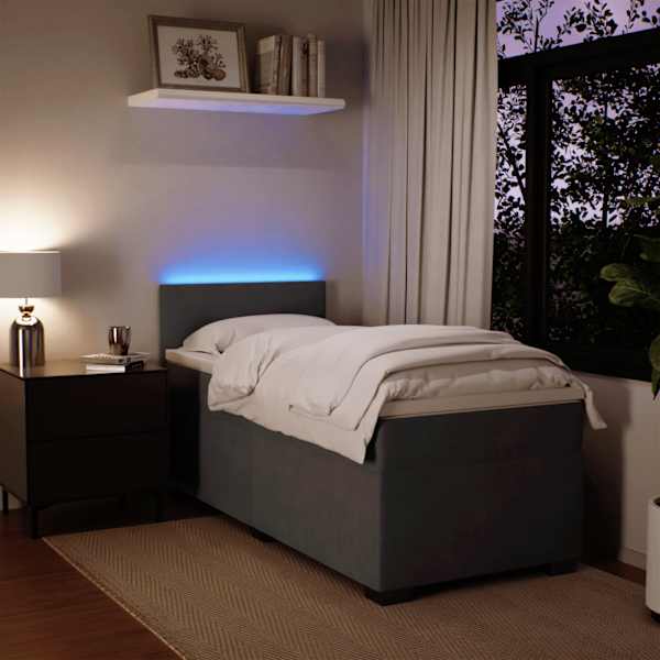 LED-valgustusega kontinentaalvoodi koos madratsiga, tumehall, 90 × 190 cm, samet — mudel 3288768