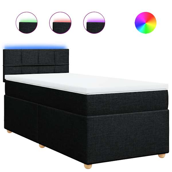 LED-valgustusega kontinentaalvoodi koos madratsiga, must, 90 × 190 cm, kangas — mudel 3288837