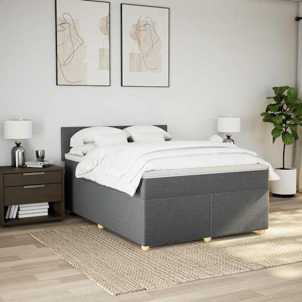 LED-valgustusega kontinentaalvoodi koos madratsiga, tumehall, 140 × 190 cm, kangas — mudel 3288969