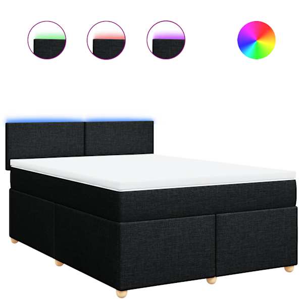 LED-valgustusega kontinentaalvoodi koos madratsiga, must, 140 × 190 cm, kangas — mudel 3288970