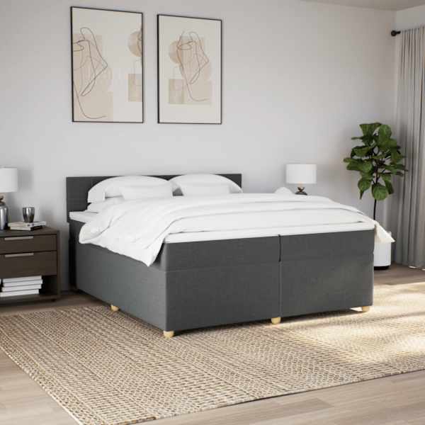 LED-valgustusega kontinentaalvoodi koos 2 madratsiga, tumehall, 200 × 200 cm, kangas — mudel 3289088