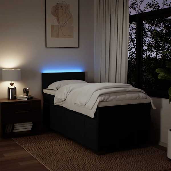 LED-valgustusega kontinentaalvoodi koos madratsiga, must, 90 × 200 cm, kangas — mudel 3289246