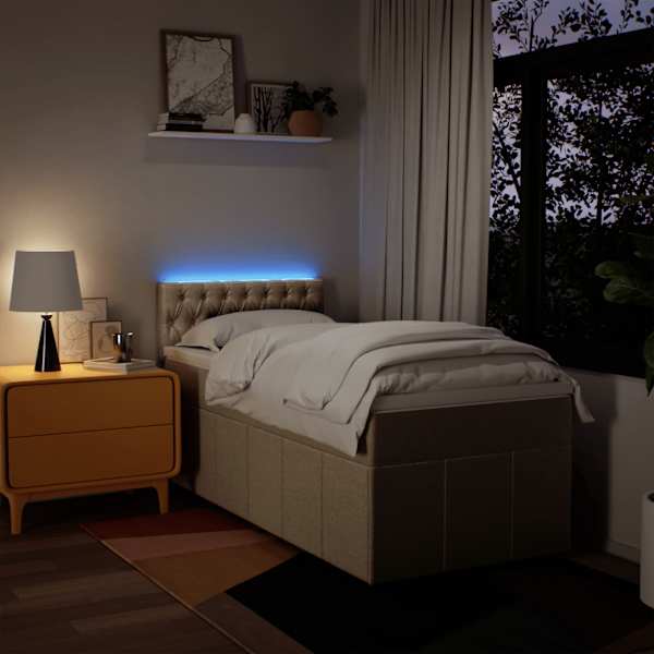 LED-valgustusega kontinentaalvoodi koos madratsiga, kreemjasvalge, 100 × 200 cm, kangas — mudel 3289291