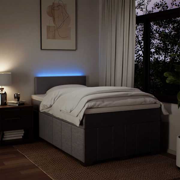 LED-valgustusega kontinentaalvoodi koos madratsiga, pruunikashall, 120 × 190 cm, kangas — mudel 3289304