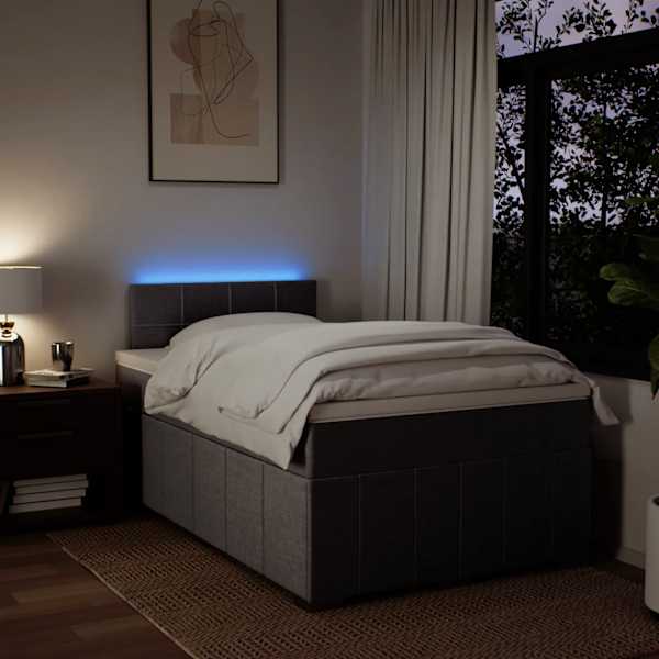 LED-valgustusega kontinentaalvoodi koos madratsiga, pruunikashall, 120 × 190 cm, kangas — mudel 3289311