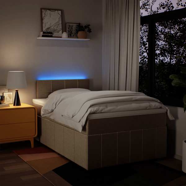 LED-valgustusega kontinentaalvoodi koos madratsiga, kreemjasvalge, 120 × 190 cm, kangas — mudel 3289312