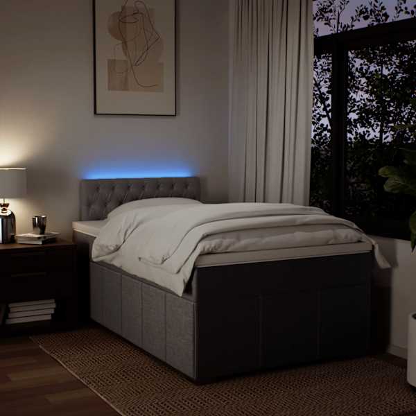 LED-valgustusega kontinentaalvoodi koos madratsiga, pruunikashall, 120 × 190 cm, kangas — mudel 3289318