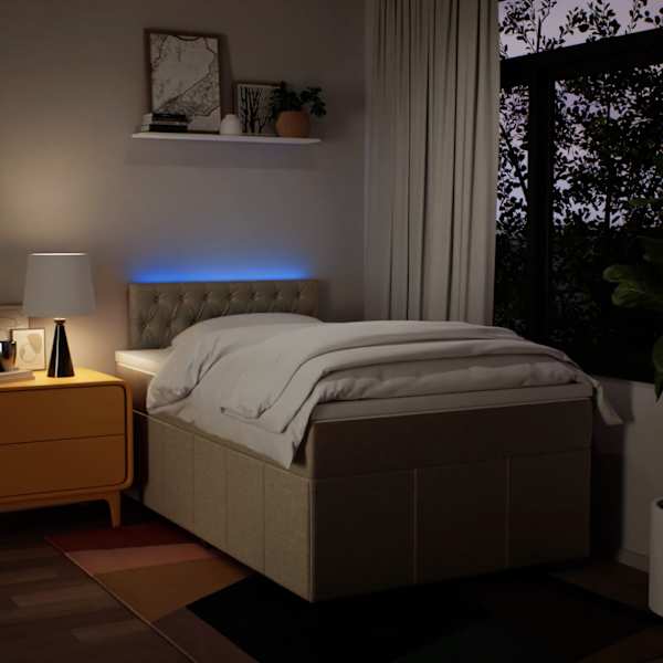 LED-valgustusega kontinentaalvoodi koos madratsiga, kreemjasvalge, 120 × 190 cm, kangas — mudel 3289319