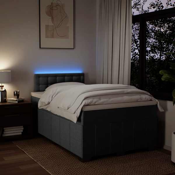 LED-valgustusega kontinentaalvoodi koos madratsiga, tumehall, 120 × 190 cm, kangas — mudel 3289322