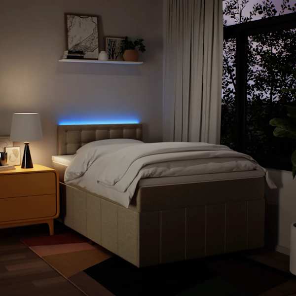 LED-valgustusega kontinentaalvoodi koos madratsiga, kreemjasvalge, 120 × 190 cm, kangas — mudel 3289326