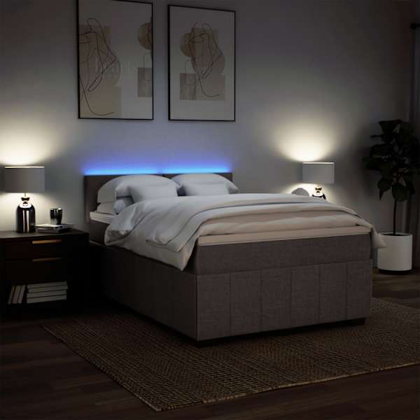 LED-valgustusega kontinentaalvoodi koos madratsiga, pruunikashall, 140 × 190 cm, kangas — mudel 3289360