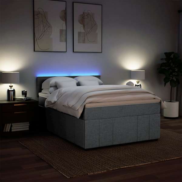 LED-valgustusega kontinentaalvoodi koos madratsiga, helehall, 140 × 190 cm, kangas — mudel 3289363