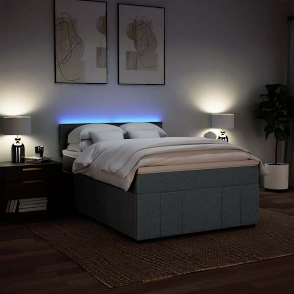 LED-valgustusega kontinentaalvoodi koos madratsiga, tumehall, 140 × 190 cm, kangas — mudel 3289364