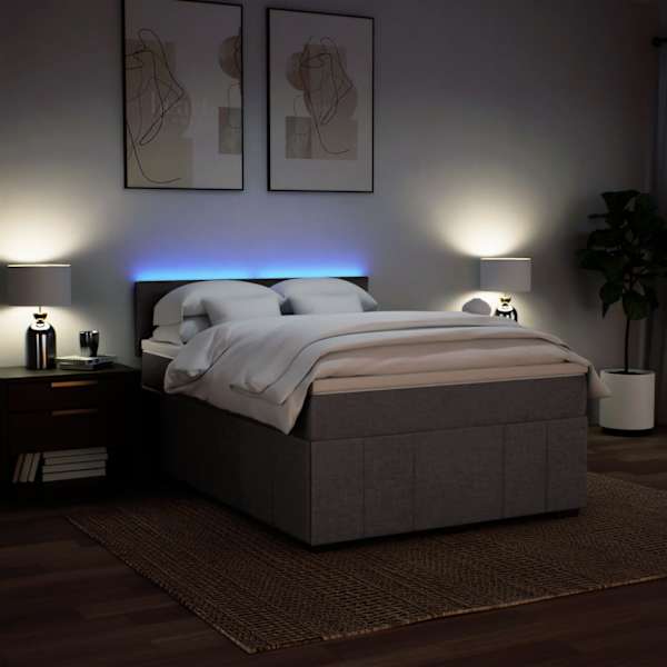 LED-valgustusega kontinentaalvoodi koos madratsiga, pruunikashall, 140 × 190 cm, kangas — mudel 3289367