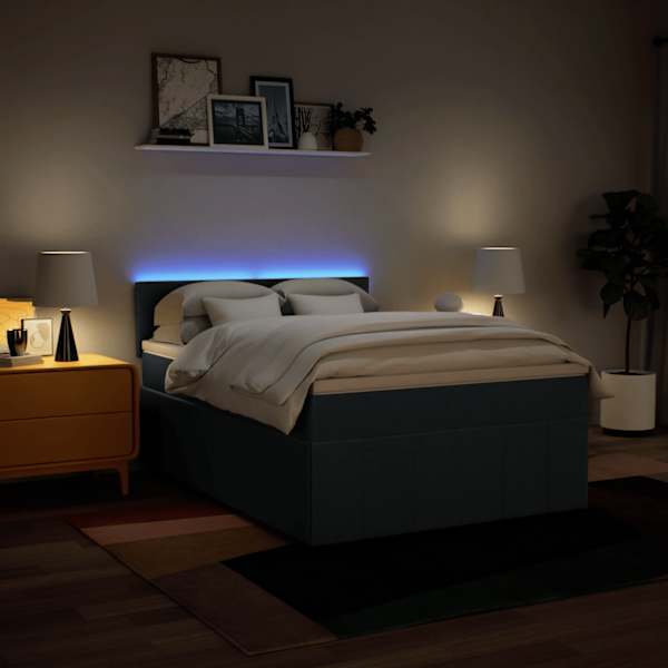 LED-valgustusega kontinentaalvoodi koos madratsiga, sinine, 140 × 190 cm, kangas — mudel 3289369