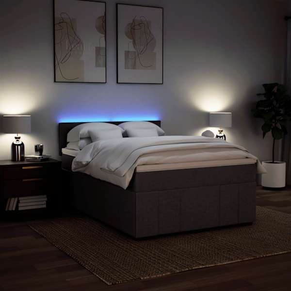 LED-valgustusega kontinentaalvoodi koos madratsiga, tumepruun, 140 × 200 cm, kangas — mudel 3289394