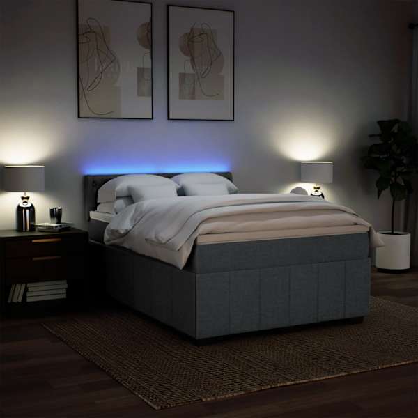 LED-valgustusega kontinentaalvoodi koos madratsiga, tumehall, 140 × 200 cm, kangas — mudel 3289399