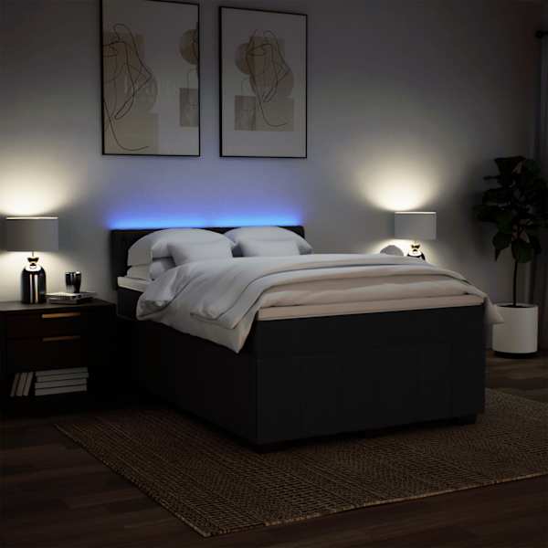 LED-valgustusega kontinentaalvoodi koos madratsiga, must, 140 × 200 cm, kangas — mudel 3289400
