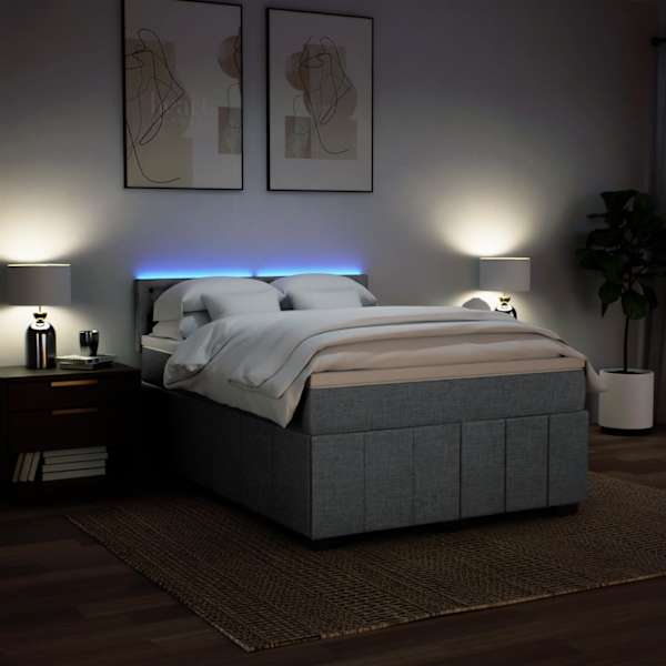 LED-valgustusega kontinentaalvoodi koos madratsiga, helehall, 140 × 200 cm, kangas — mudel 3289405