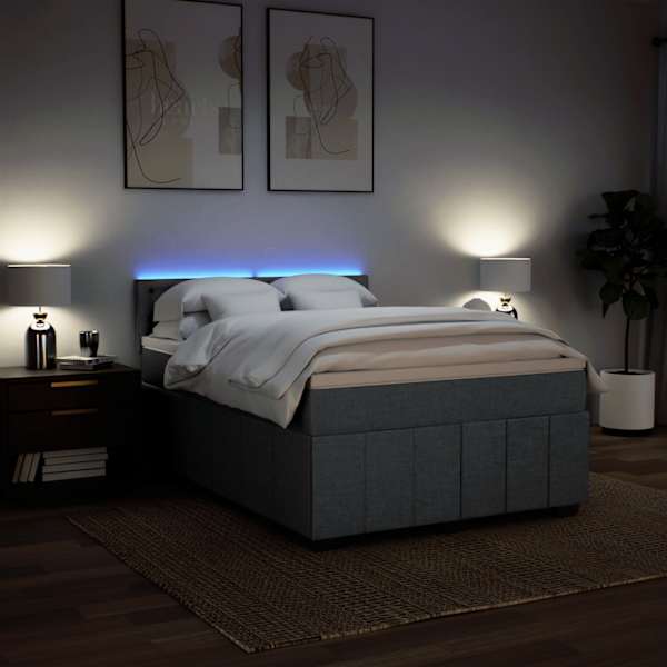 LED-valgustusega kontinentaalvoodi koos madratsiga, tumehall, 140 × 200 cm, kangas — mudel 3289406