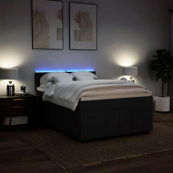 LED-valgustusega kontinentaalvoodi koos madratsiga, must, 140 × 200 cm, kangas — mudel 3289407