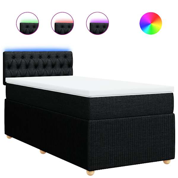 LED-valgustusega kontinentaalvoodi koos madratsiga, must, 80 × 200 cm, kangas — mudel 3289592