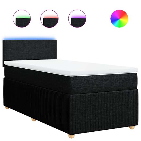 LED-valgustusega kontinentaalvoodi koos madratsiga, must, 90 × 190 cm, kangas — mudel 3289606
