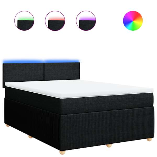 LED-valgustusega kontinentaalvoodi koos madratsiga, must, 140 × 190 cm, kangas — mudel 3289746