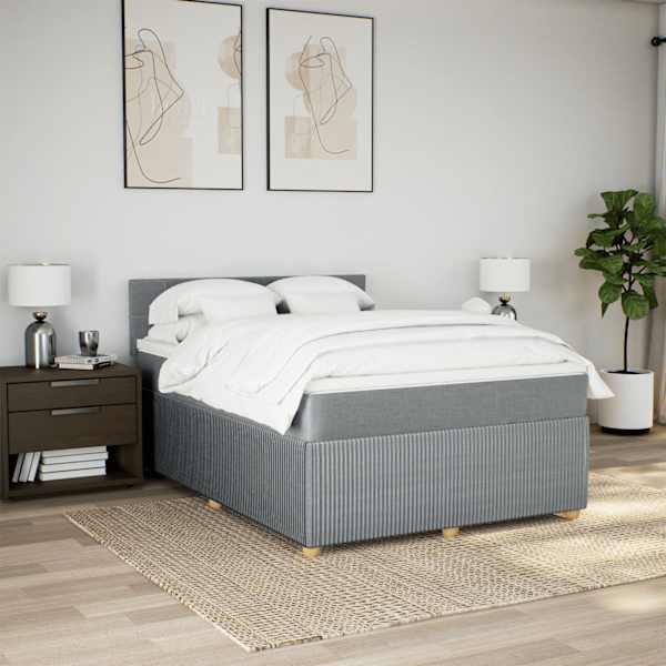 LED-valgustusega kontinentaalvoodi koos madratsiga, helehall, 140 × 190 cm, kangas — mudel 3289751