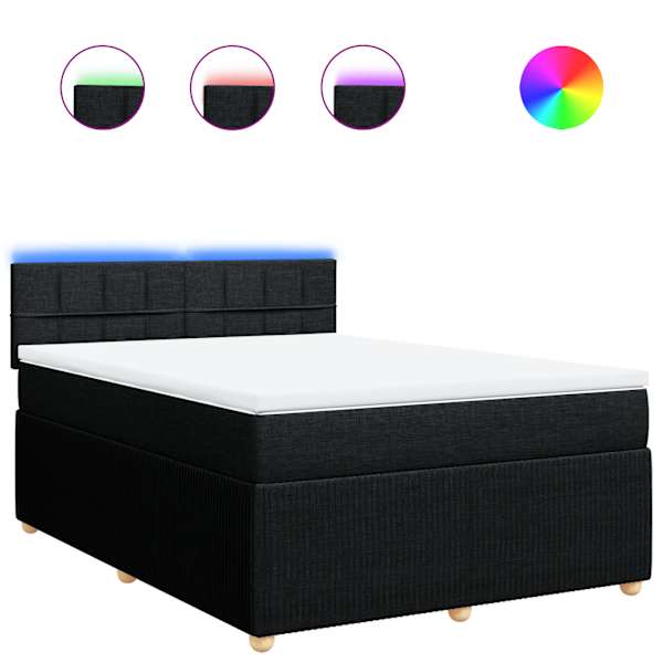 LED-valgustusega kontinentaalvoodi koos madratsiga, must, 140 × 190 cm, kangas — mudel 3289753