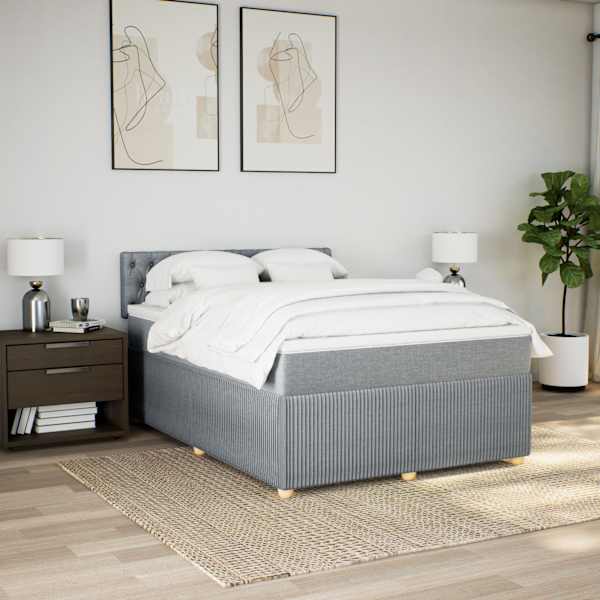 LED-valgustusega kontinentaalvoodi koos madratsiga, helehall, 140 × 190 cm, kangas — mudel 3289758