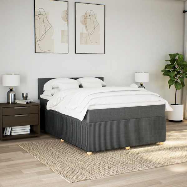 LED-valgustusega kontinentaalvoodi koos madratsiga, tumehall, 160 × 200 cm, kangas — mudel 3289801