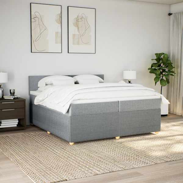 LED-valgustusega kontinentaalvoodi koos 2 madratsiga, helehall, 200 × 200 cm, kangas — mudel 3289856