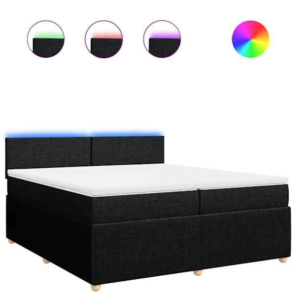 LED-valgustusega kontinentaalvoodi koos 2 madratsiga, must, 200 × 200 cm, kangas — mudel 3289858