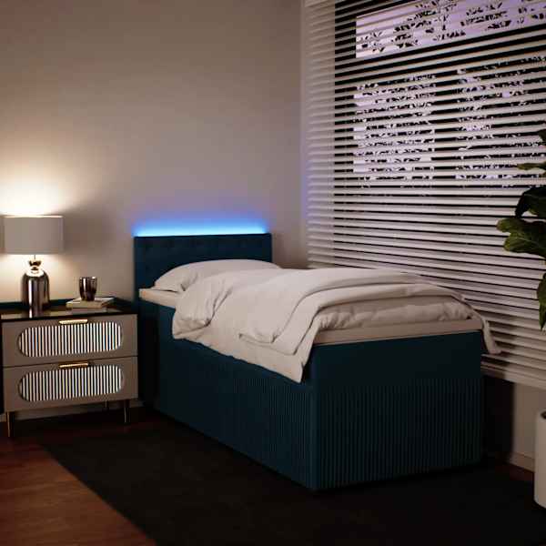 LED-valgustusega kontinentaalvoodi koos madratsiga, sinine, 90 × 200 cm, samet — mudel 3289942