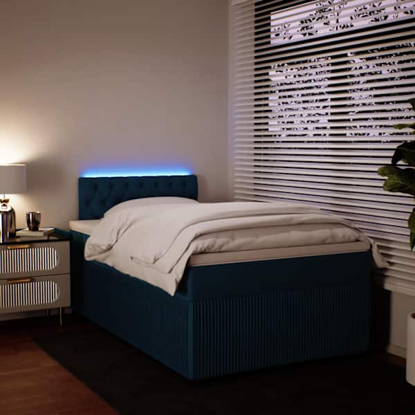 LED-valgustusega kontinentaalvoodi koos madratsiga, sinine, 120 × 190 cm, samet — mudel 3289996